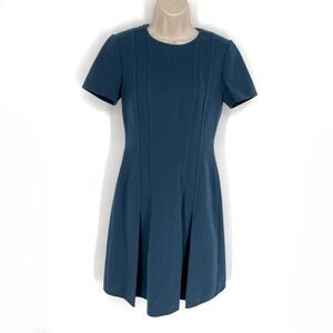 Lafayette 148 Wool Jannie Dress Sz 0 Teal Blue Short Sleeve Pleats A-Line Lined